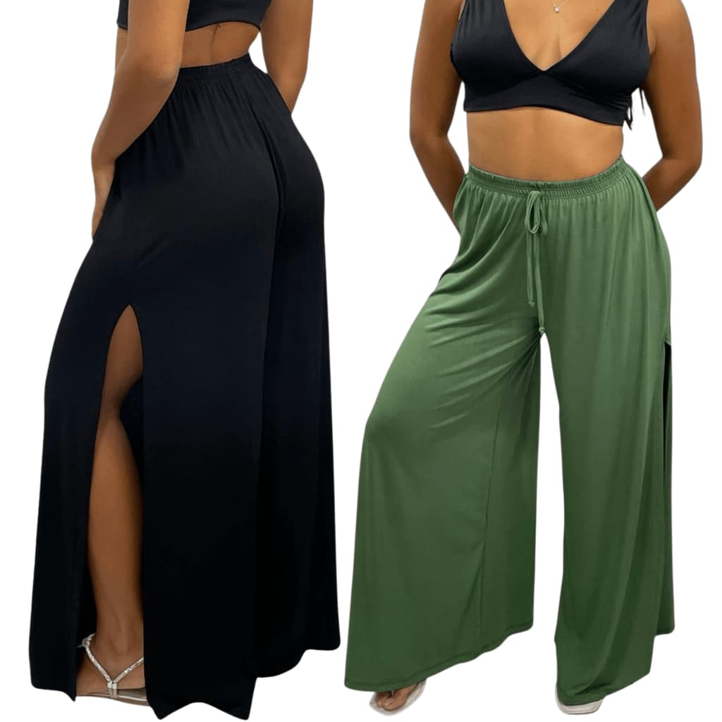 KIT 2 Calça Pantalona Feminina Cintura Alta com Fenda Lateral em Viscolycra Premium Alta Qualidade