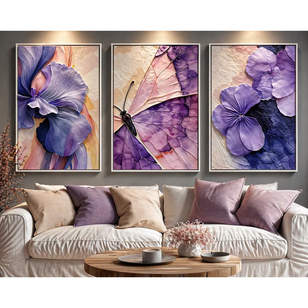 Quadro Decorativo 3 Peças Floral Borboleta Abstrato Roxo Sala Quarto Decoração Moderna