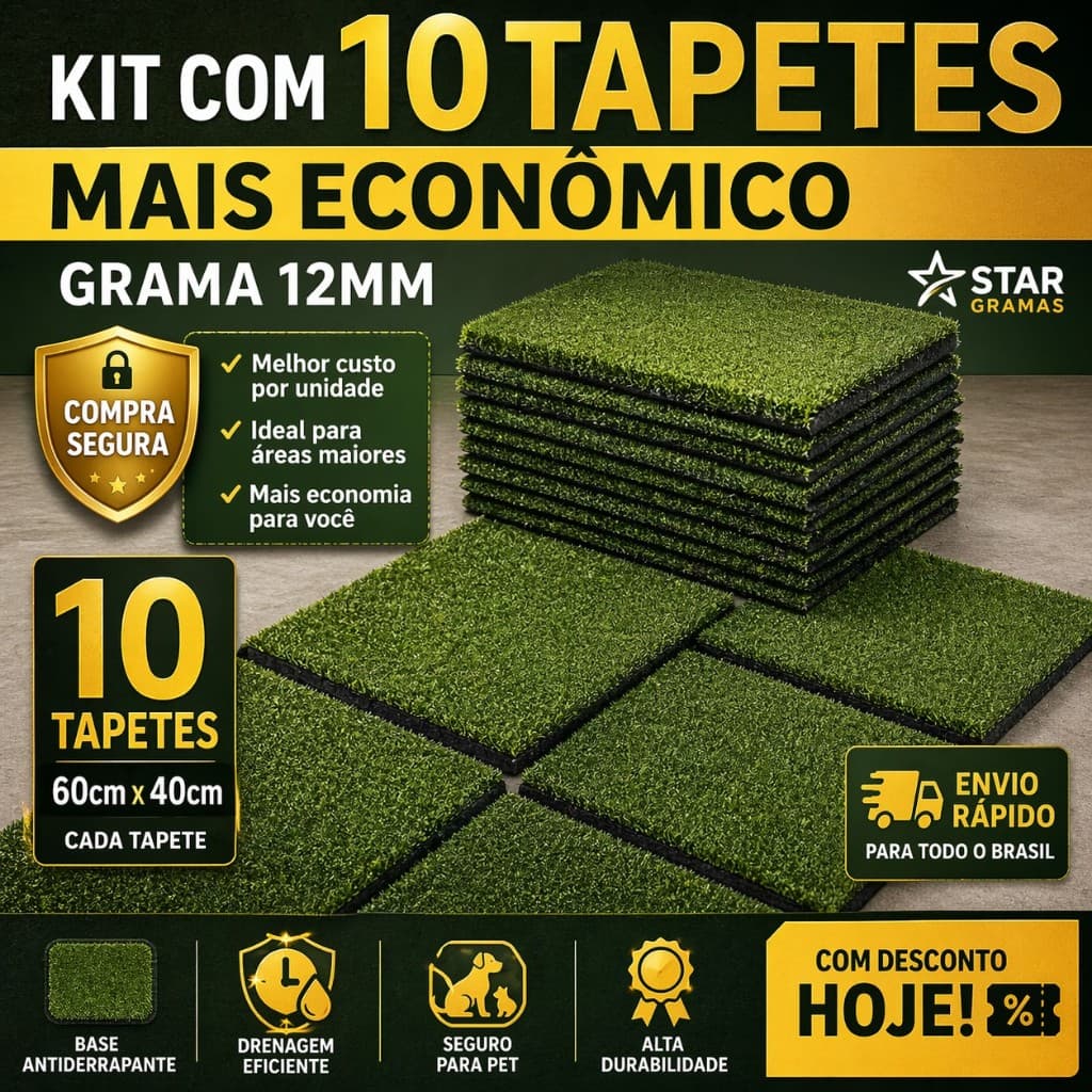 KIT  10 TAPETES DE GRAMA SINTÉTICA 60x40 CM – BASE ANTIDERRAPANTE – PARA PET, CRIANÇA, JARDIM E PLAYGROUND