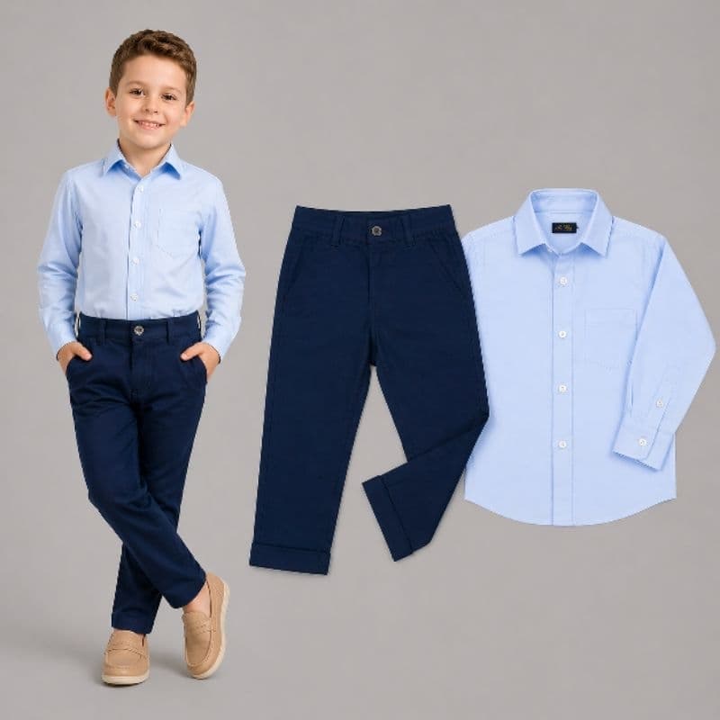 Conjunto Camisa Social Infantil Manga Longa Calça Azul Marinho