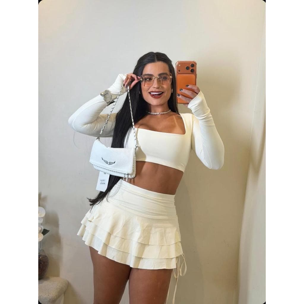 Conjunto Feminino Cropped Manga Longa, Saia Babados, Look Elegante & Fashion