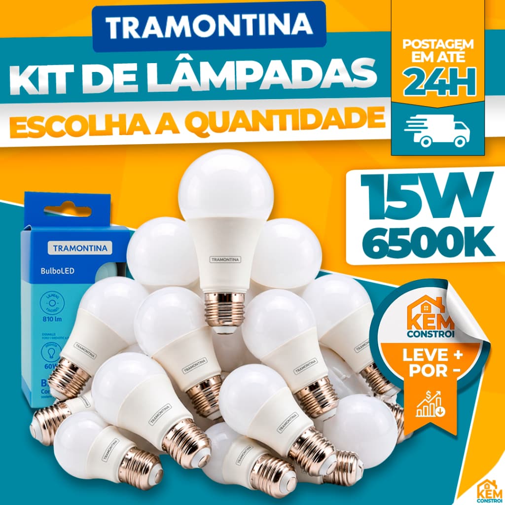 Kit 10/20 Lâmpadas LED Tramontina 15W 6500K Branco Frio E-27 Bivolt Para Casa Comércio Igreja