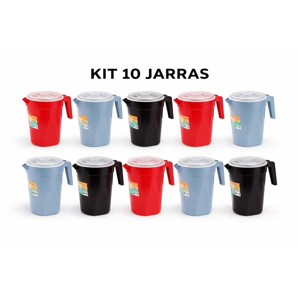 Kit 10 Jarras 4 Litros Colorida Tampa Transparente Suco Resistente Bonita Creche Escola Bebidas