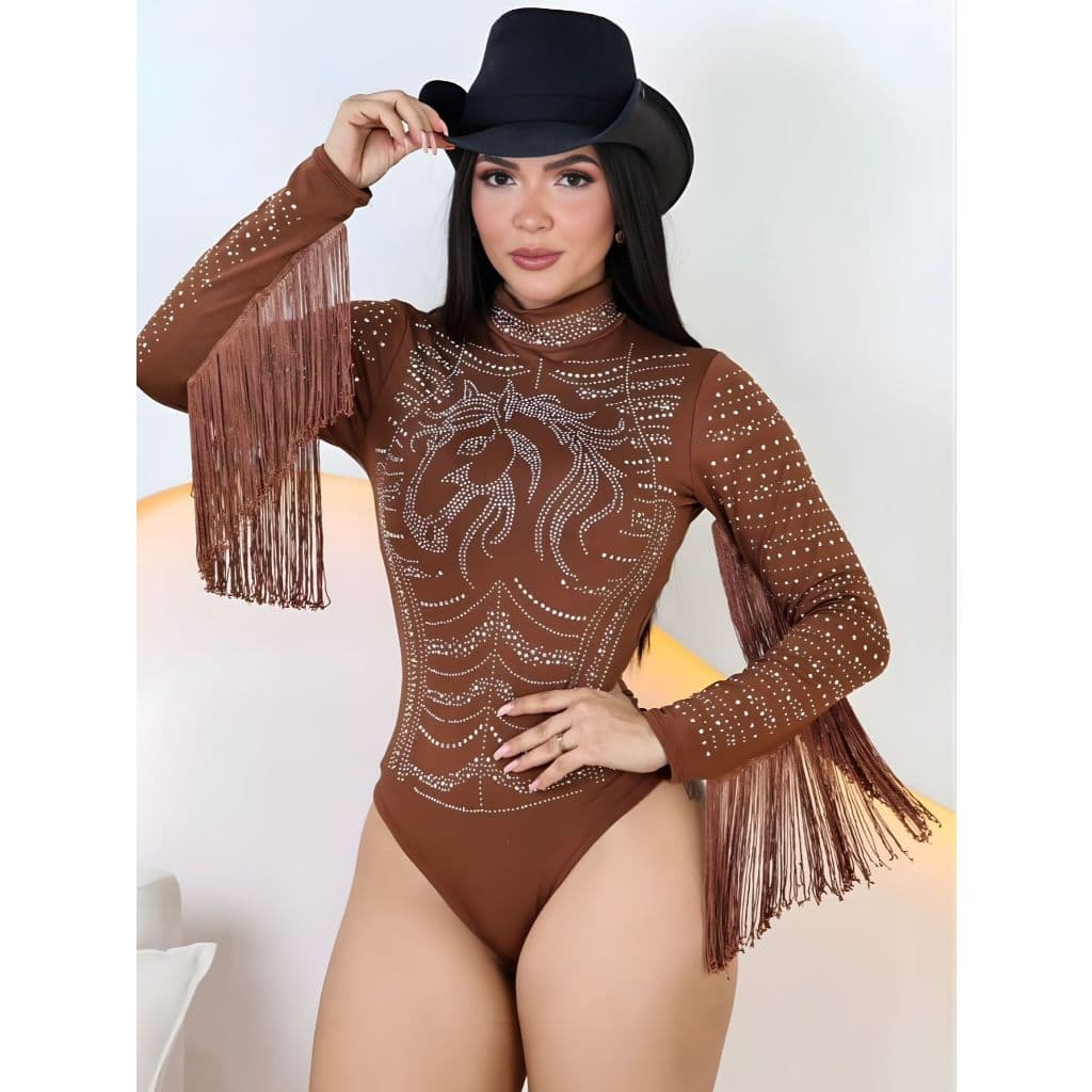 Body Feminino Franja Rodeio Country Manga Longa Gola Alta Aplicação Strass Pedraria