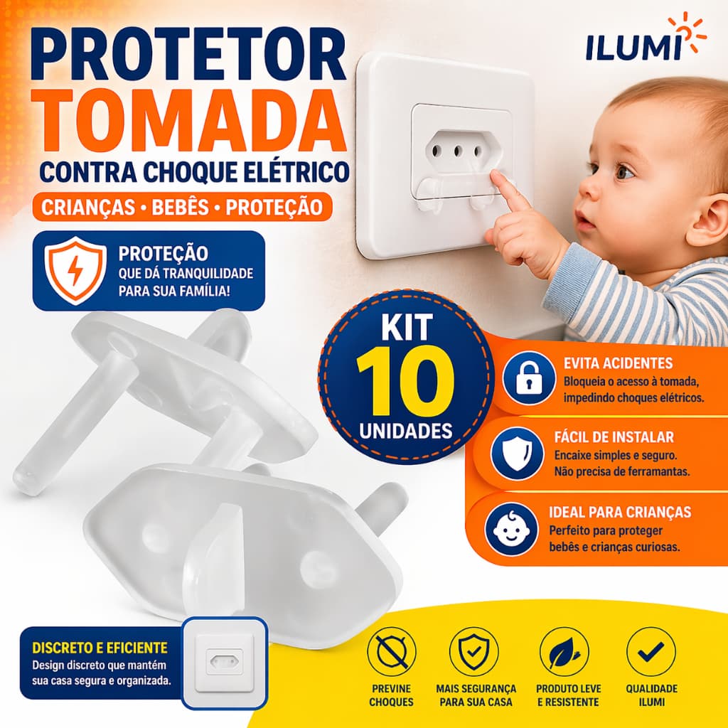 Pacote 10 Unidades De Protetor De Tomada Anti-choque Ilumi