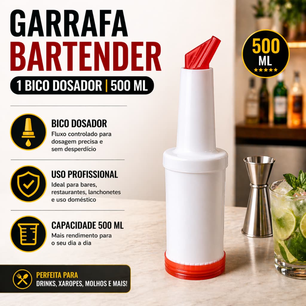 Garrafa Dosadora 500ml Bartender Bico Dosador Molhos Drinks Profissional Kit 1 2 3 Unidades
