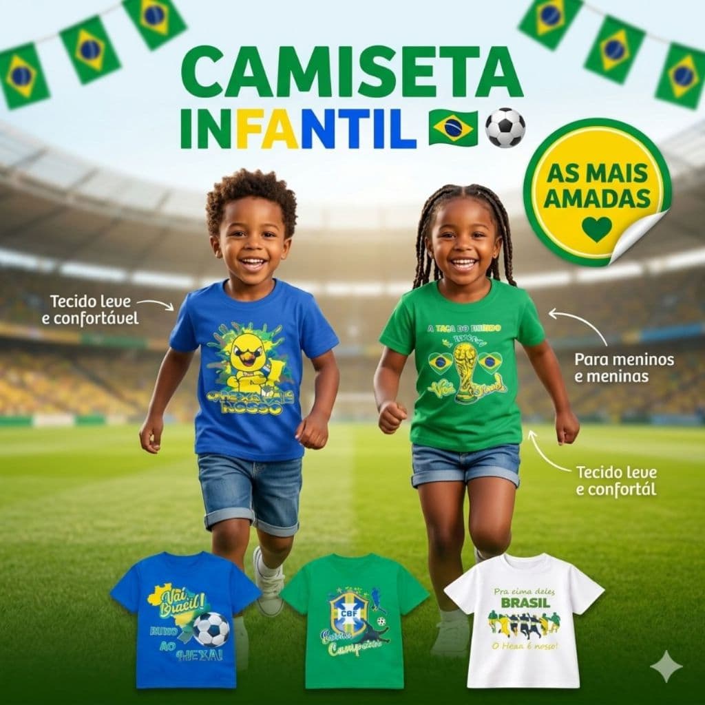 Camiseta Esportiva Infantil Masculina e Feminina Times Seleções Confortável do 4 ao 14