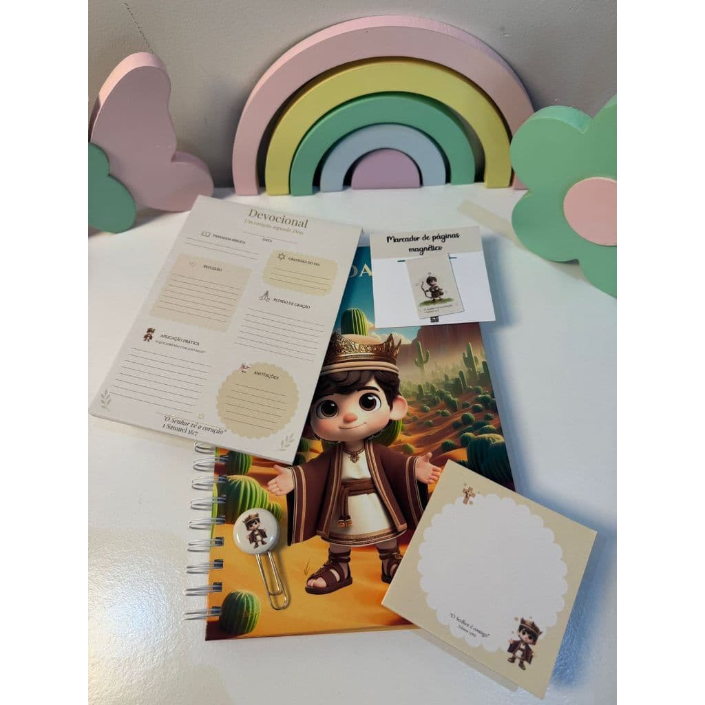Devocional Rei Davi | Kit Devocional Cristão com Caderno + Blocos + Marcador Magnético + Clips