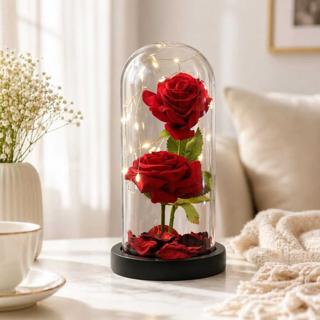 Luminária Rosa Eterna LED Cúpula Presente a Bela e a Fera Decoração Quarto Luz Noturna
