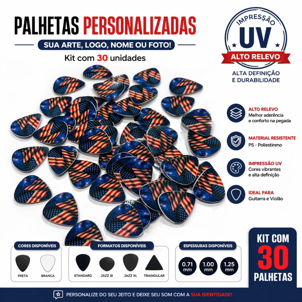 Kit com 30 Palhetas de Guitarra e Violão Personalizadas | Standard, Jazz, Triangular