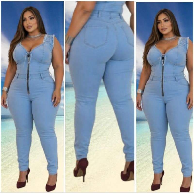 Macacão Plus Size Jeans Feminino Macaquinho Ciganinha Ombro a Ombro com Lycra 44/46/48