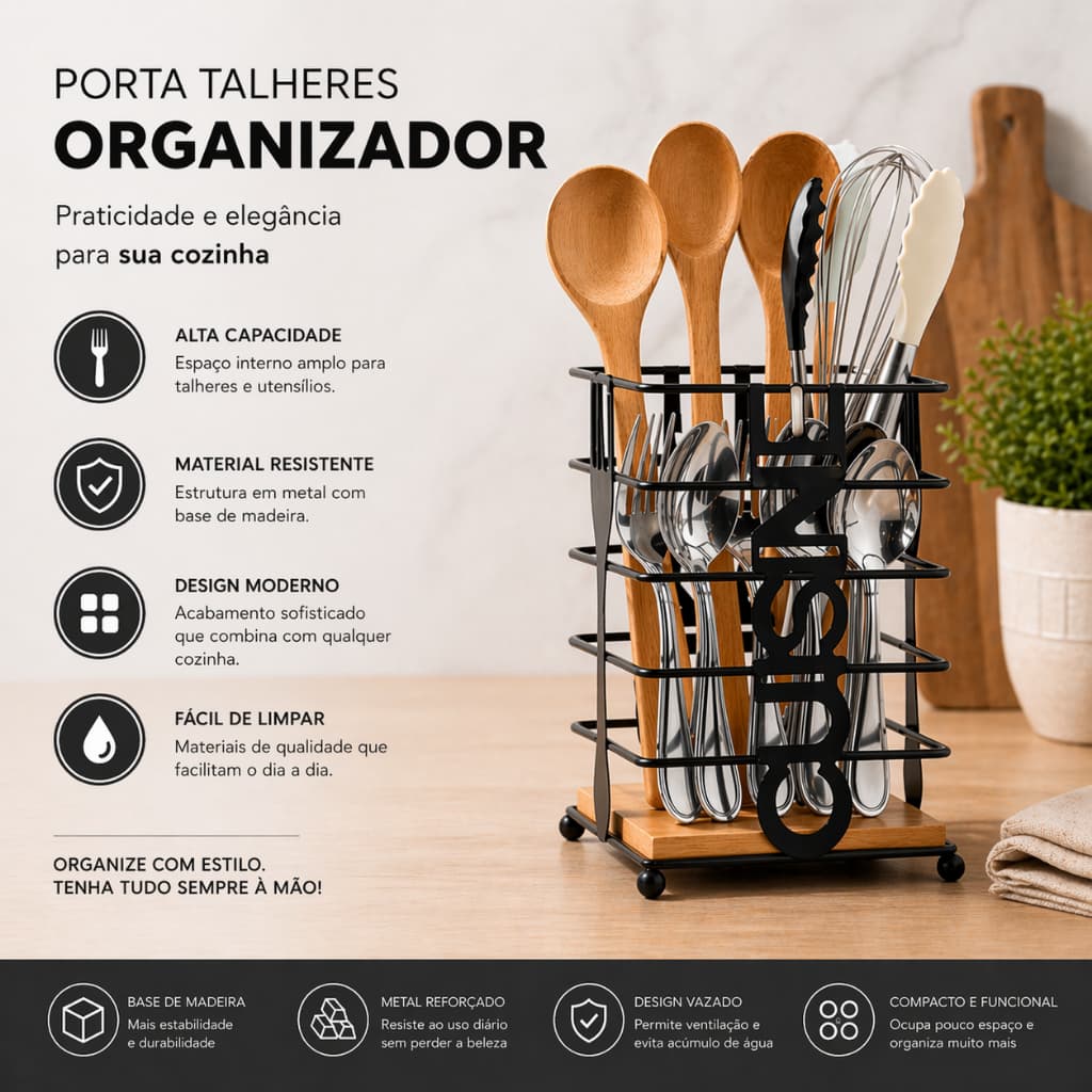 Porta Talheres Organizador Cozinha Luxo Metal + Base Madeira | Suporte Utensílios Moderno