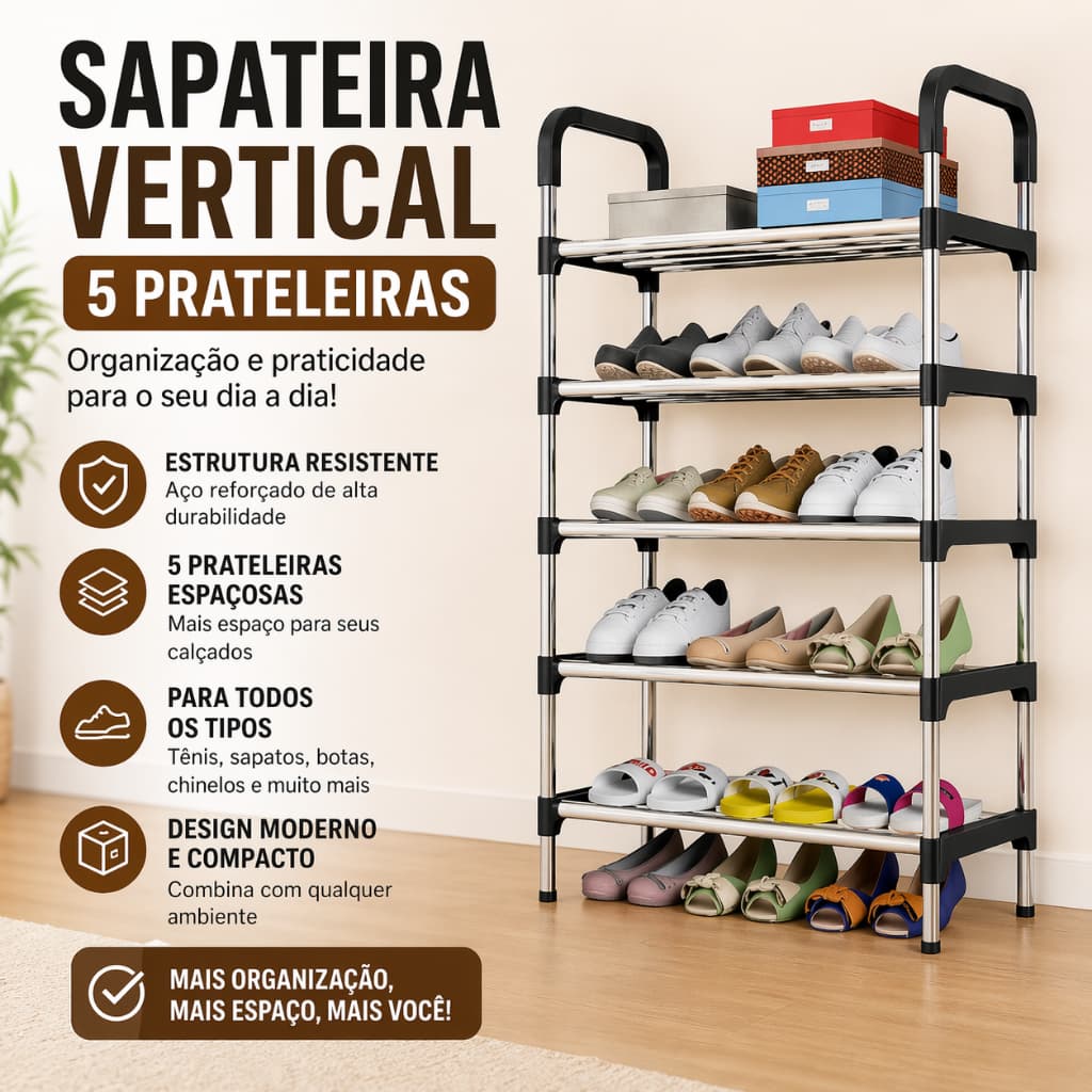 Sapateira Vertical 5 Prateleiras Compacta Multiuso Casa Closets