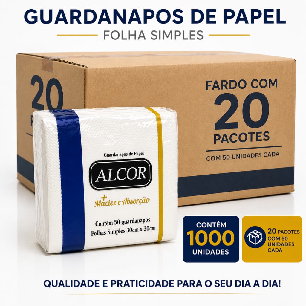Guardanapo De Mesa Alcor 30x30cm Fardo 1000 Unidades 20 Pacotes C/ 50un Papel 100% Celulose Grande Alta Absorção Atacado