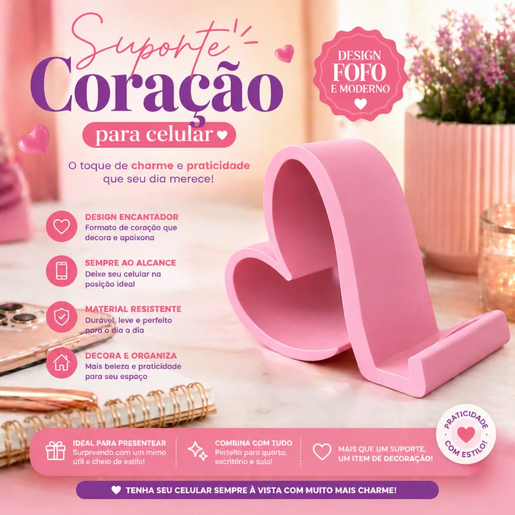 Suporte para Celular Coração – Design Criativo e Funcional, para Mesa e Escritório