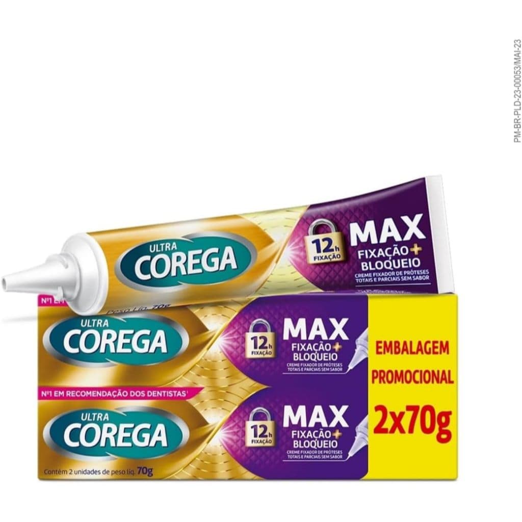 Corega Ultra Creme Fixador de Dentadura e Próteses, Sabor Menta, Forte Fixação por até 12h, Kit 2 Unidades 70g cada