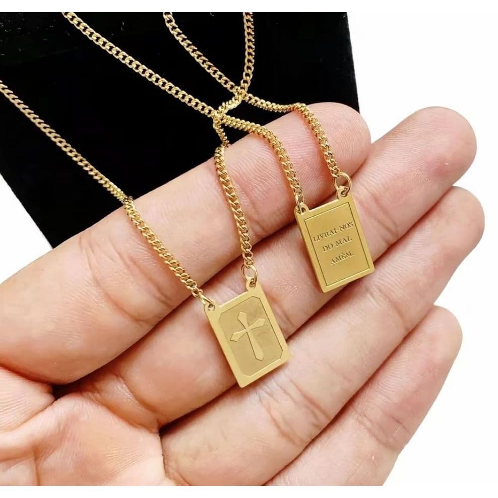 Escapulário Masculino Dourado Folheado De Ouro e Prata Semijoia Original Fininho Folheados