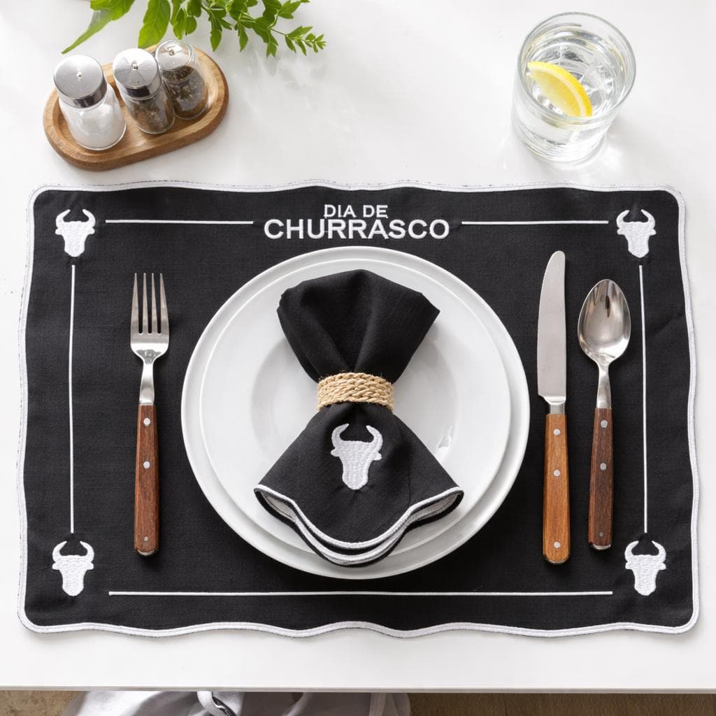 8 Pçs (4 Jogos) Jogo Americano Bordado Churrasco Com Guardanapo