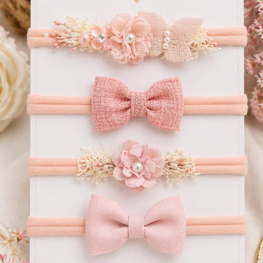 KiT 4Tiaras na faixa de meia  com flores /ROSÊ/maternidade/ flor/lacinho /laço