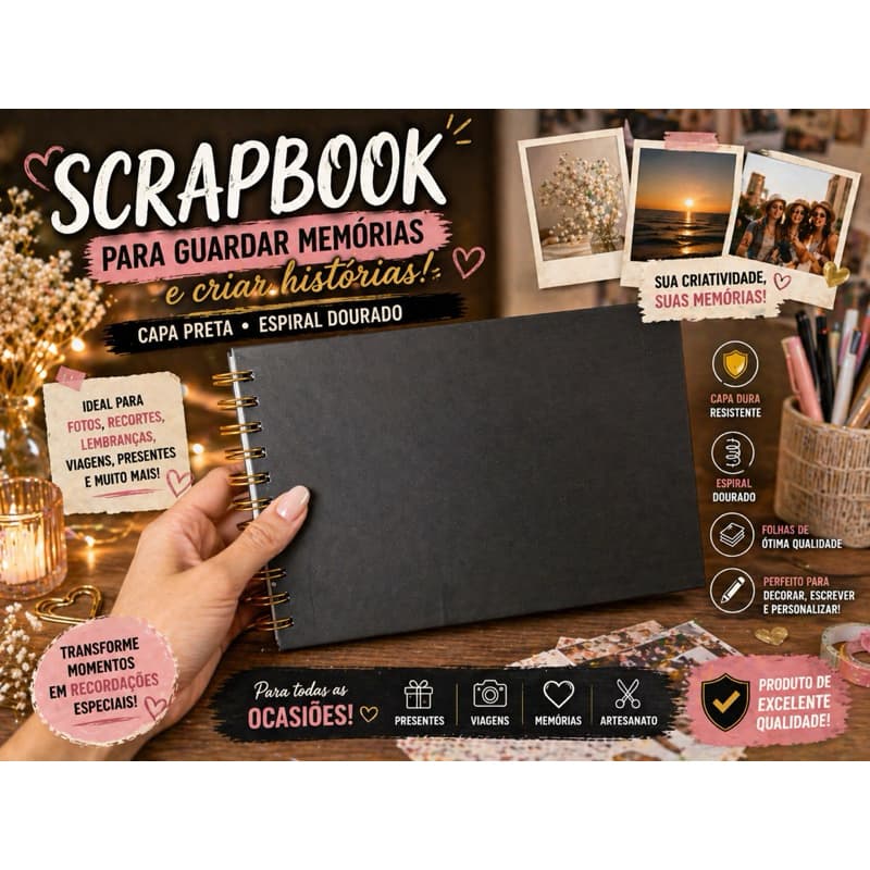 Scrapbook A5 Preto 20 Páginas 180g Álbum de Fotos Capa Fosca Espiral Dourado com Caneta Branca Opcional