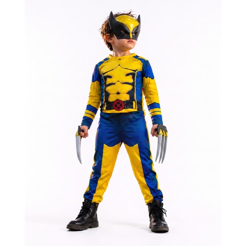Fantasia Infantil Herói Wolverine Longa Com Enchimento Mascara e Garras De Plástico
