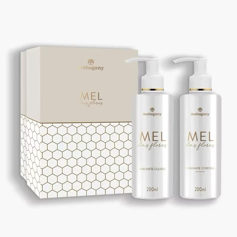 KIT CAIXA MEL DAS FLORES SABONETE LÍQUIDO E HIDRATANTE DESODORANTE CORPORAL 200ML MAHOGANY