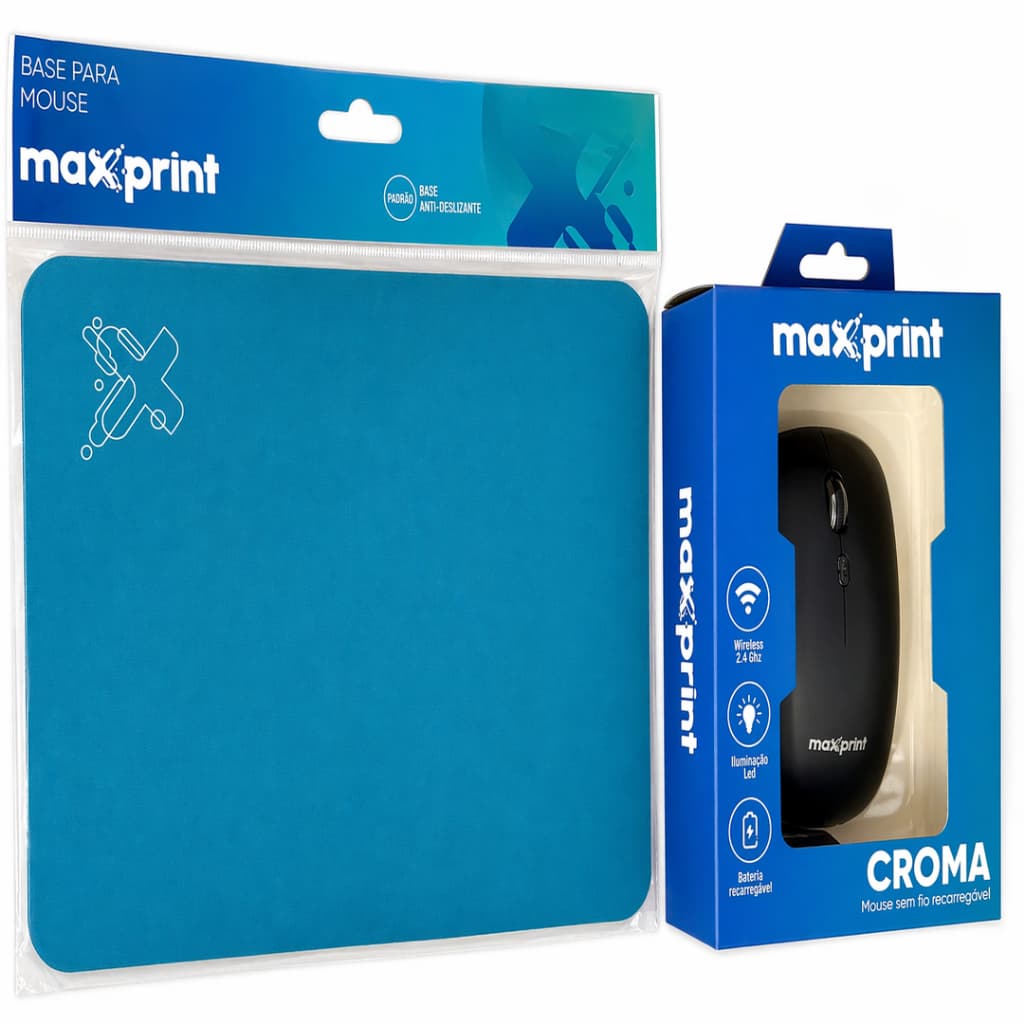 Kit Mouse Sem Fio Recarregável Maxprint e Base para Mouse Antideslizante