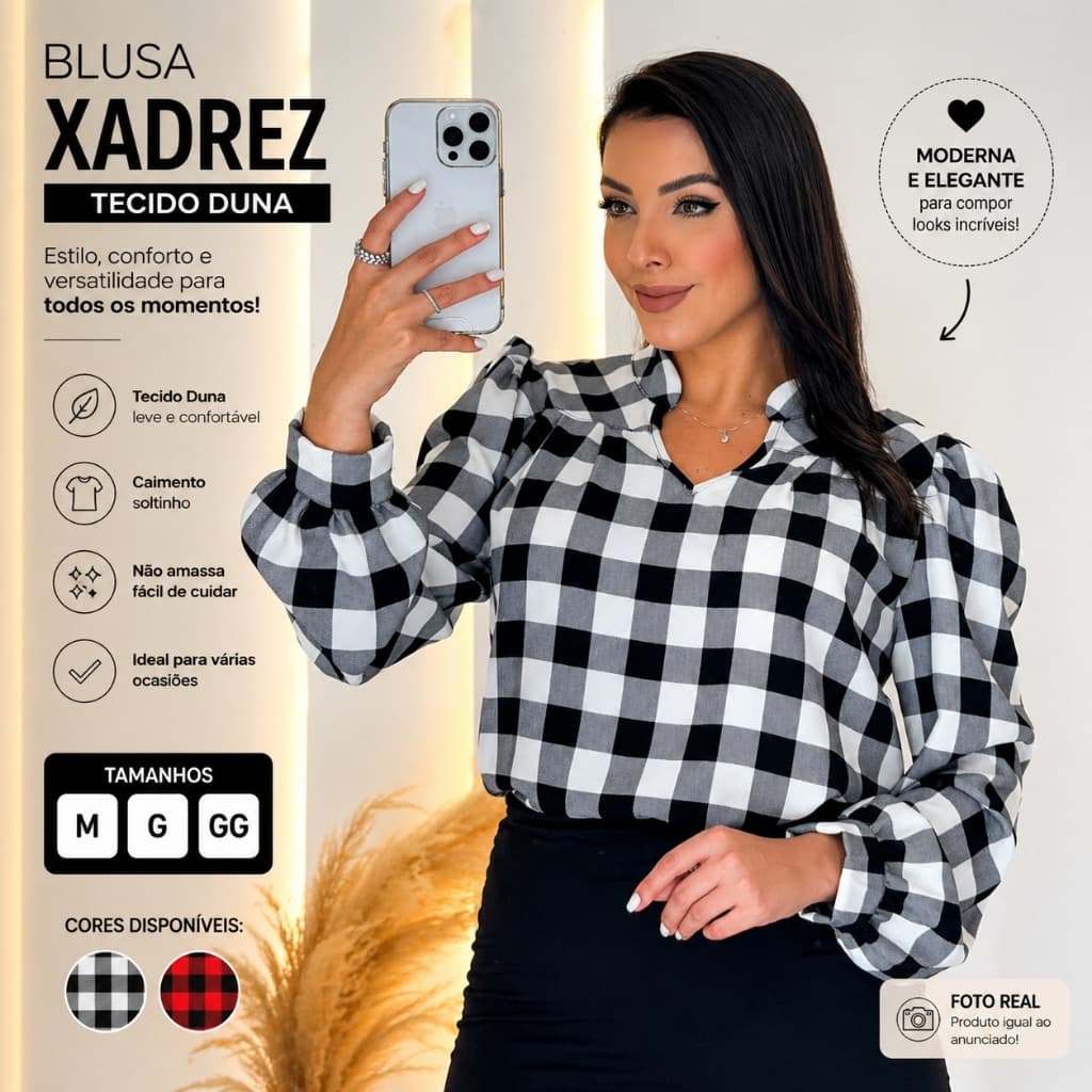 Blusa Feminina Xadrez Tecido Duna Manga Longa Vermelha Preta Gola Camisa M G GG Envio Imediato