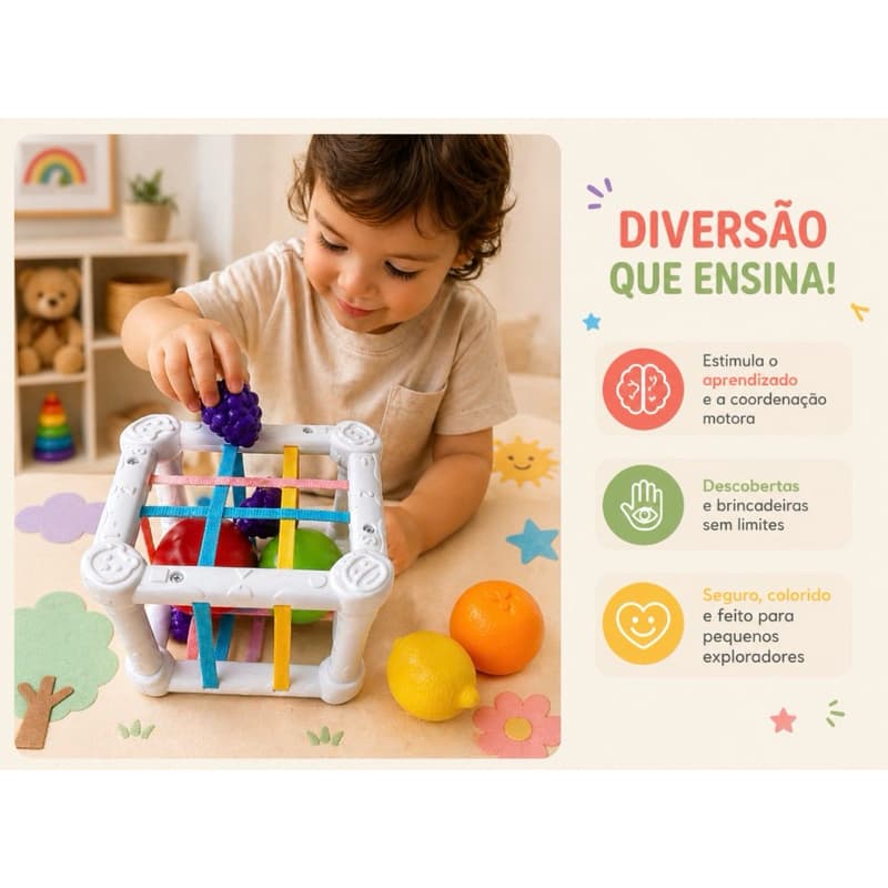Cubo Sensorial Montessori  com 5 Frutinhas – Brinquedo Educativo 11 cm x 11 cm