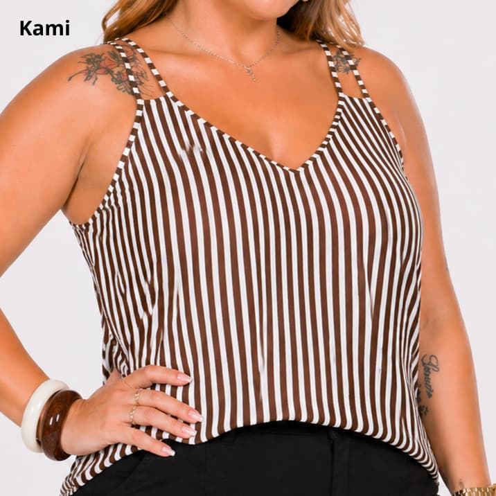 Blusa Feminina Plus Size Regata Listrada Crepinho Decote V