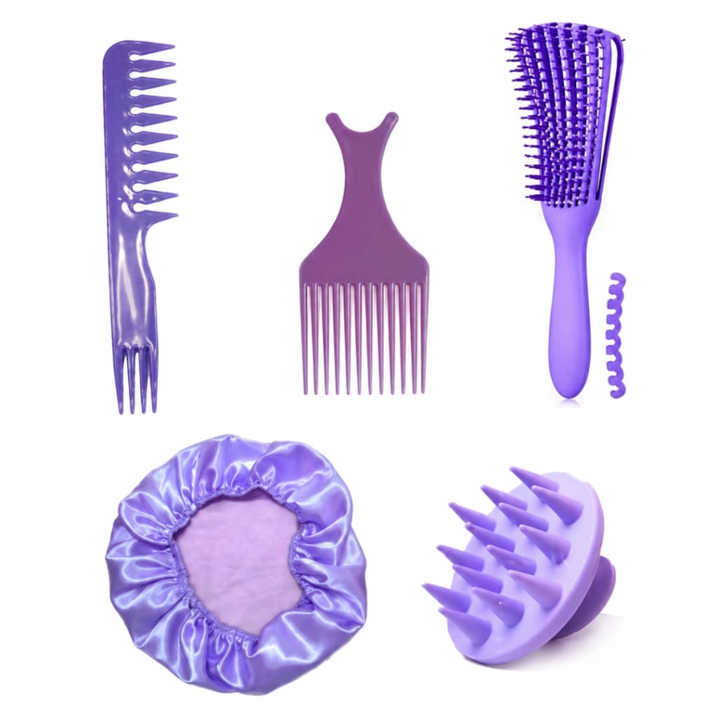 Kit Construção Capilar | Pente Garfo + Touca de Cetim + Escova Polvo + Pente Jacaré Duplo + Escova Massageadora