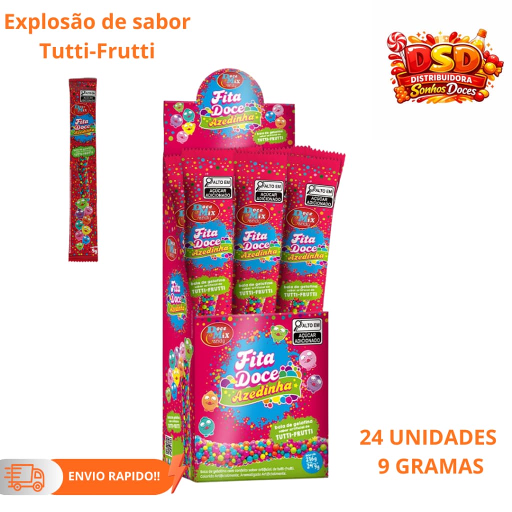 BALA DE GELATINA FITA DOCE AZEDINHA DISPLAY C/ 24 UNIDADES x 9G SABOR TUTTI FRUTI - DOCE DE FITA