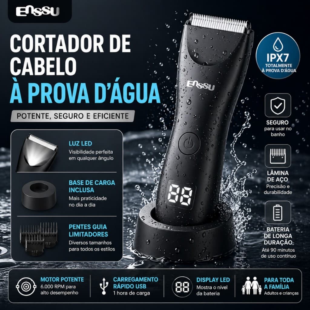 ENSSU Cortador de Cabelo Corporal Waterproof ENSSU - Lâmina Segura BLADELOCK, LED e IPX7