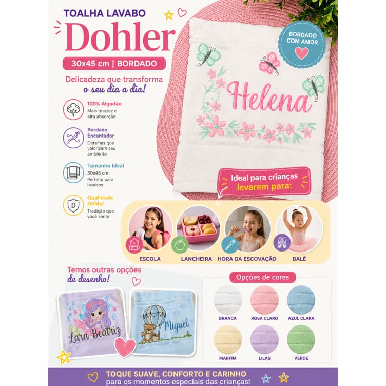 Toalha Lavabo Dohler 30x45 Bordada Personalizada Infantil | Nome Bordado | Ideal para Escola e Lancheira