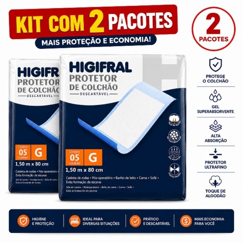 Kit 2 Pacotes Protetor de Colchão Descartável Higifral Tamanho G Com 5 Unidades - Total 10 Unidades.
