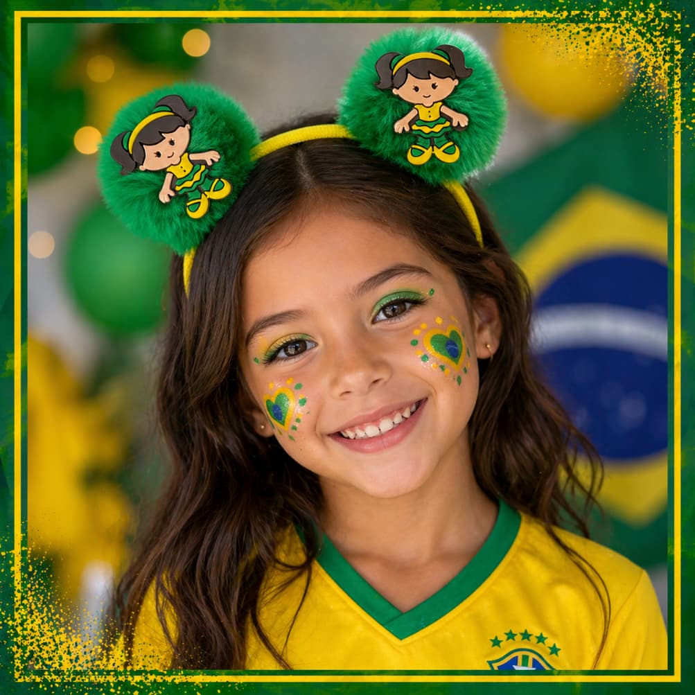 Tiara Arco Pompom com aplique menina infantil Temático Brasil