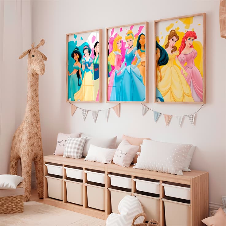Quadro Decorativo Infantil Princesas Kit 3 Peças Quarto Menina Decoração Disney Fofo Colorido
