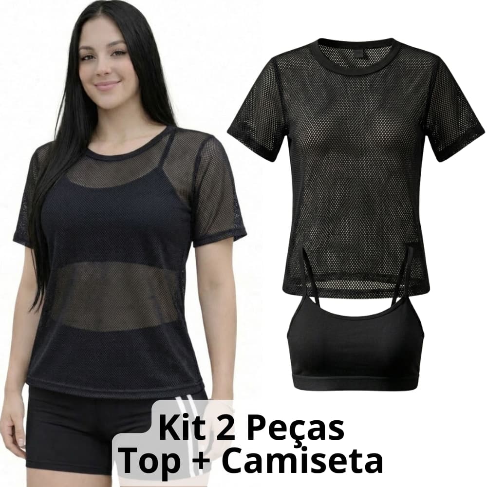 Conjunto Camiseta Telinha Feminina e Top Suplex Sem Bojo Fitness Academia Kit 2 Peças