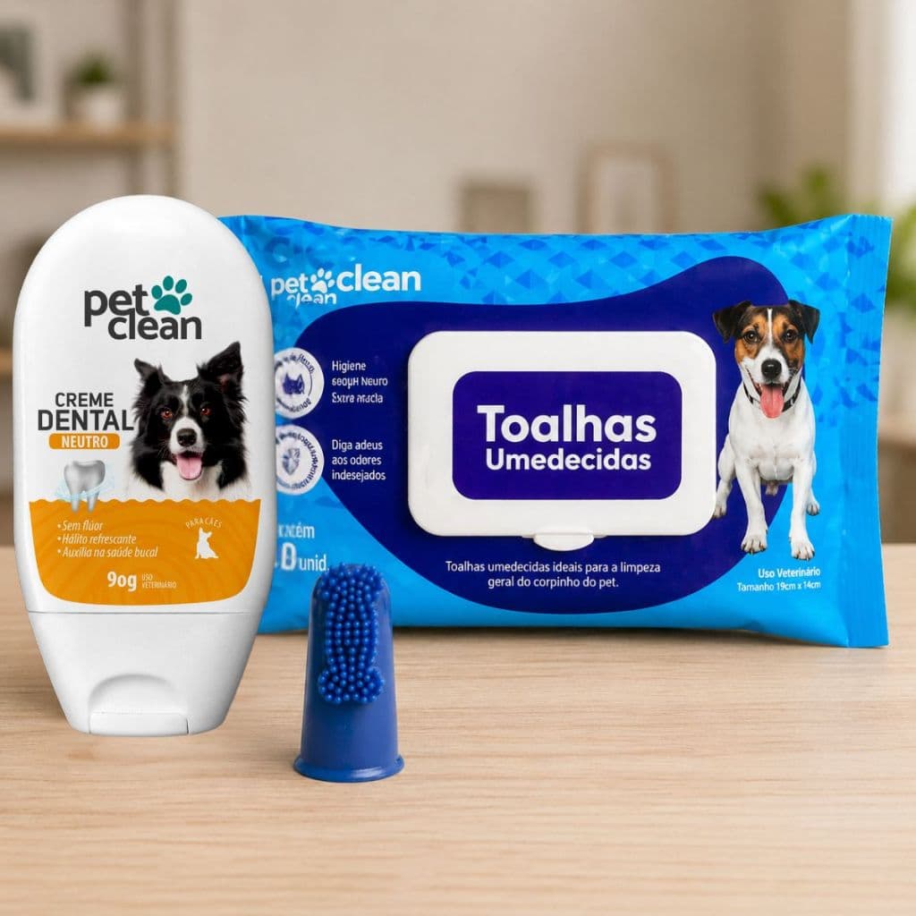 Pet Clean Kit Toalhas Umedecidas e Creme Dental para Cães e Gatos Acompanha Dedeira