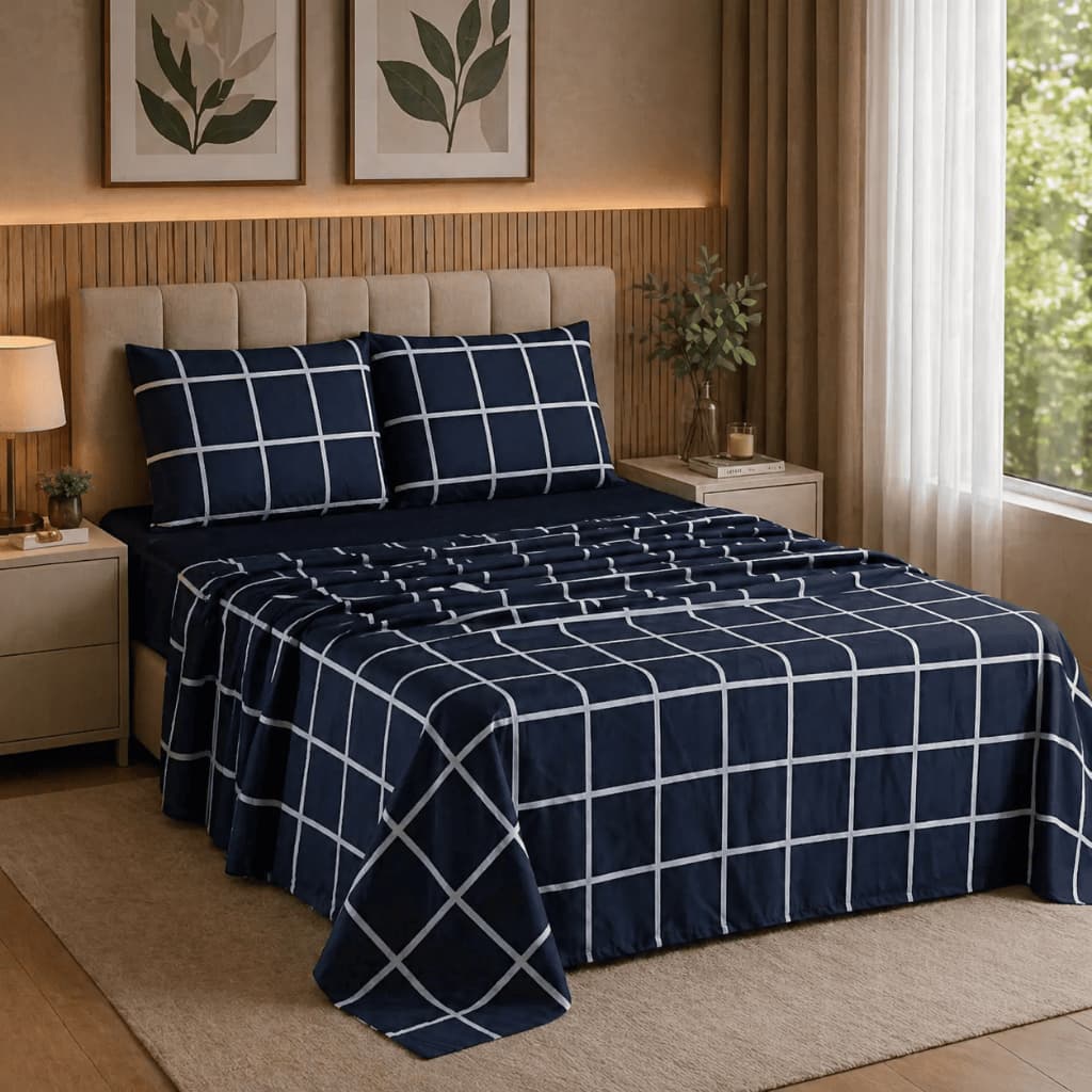 Jogo De Lençol Cama Queen 4 Peças Micro Percal Estampado 400 Fios Xadrez