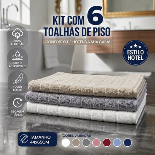 Kit 6 Toalhas de Piso 100% Algodão 44x65 Estilo Hotel Super Absorvente Macias Banheiro