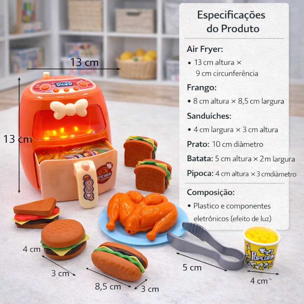 Brinquedo Air Fryer Infantil Com Luzes Kit Cozinha Casinha + Acessórios 3+