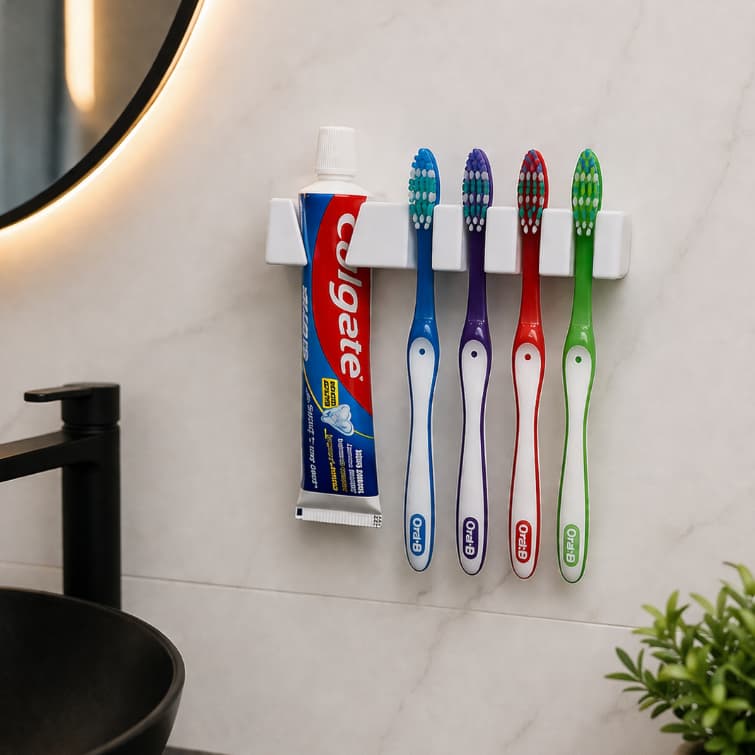 Suporte Porta Escova Dentes Pasta Dispenser Creme Dental Organizador Parede Banheiro 5 Em 1 Moderno Luxo Casa Lavabo Kit