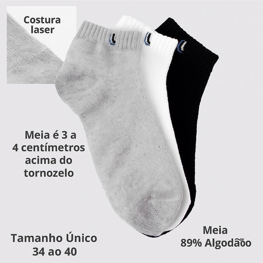 Kit Meias Masculinas 12 Pares Cano Curto Algodão Esportiva Premium Esporte