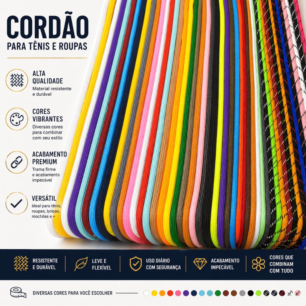 Cordão Poliéster 140cm com Ponteira Roliço para Moletom Capuz Shorts Calça Tênis sapatoAjustável Resistente Preto Branco