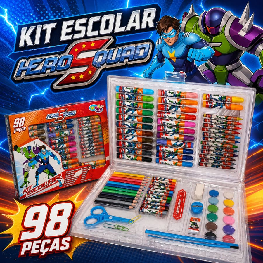 Kit Escolar Maleta De Pintura Estojo Desenho Para Colorir Heros Squads 98 peças
