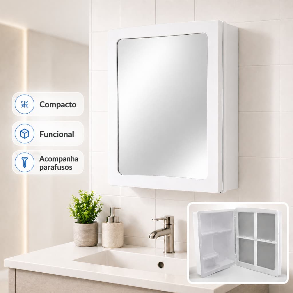 Armário Espelhado Banheiro Sobrepor Branco ou Preto Compacto Moderno com Parafusos Fácil Instalação