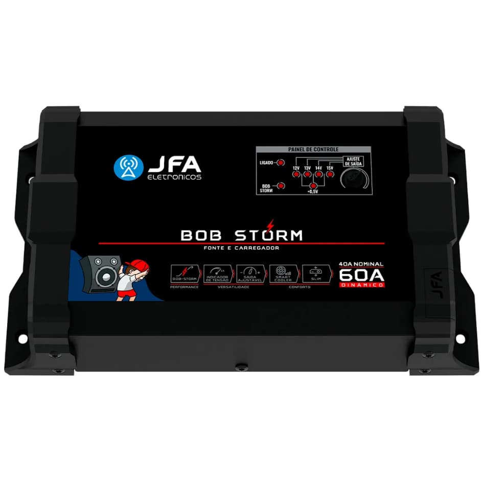 Fonte Automotiva Bob Storm 60A Bivolt Carregador Bateria 12V 15V Som Automotivo Potente Slim JFA