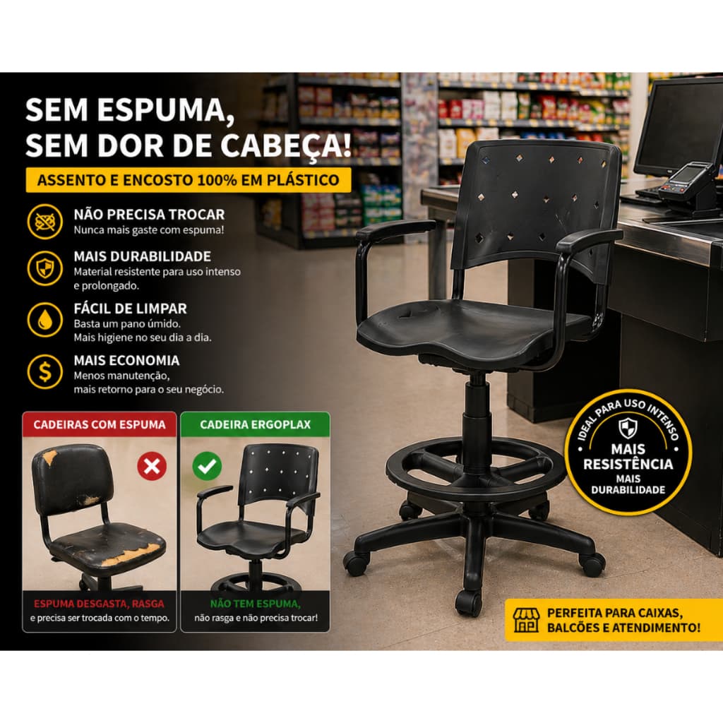 Cadeira Caixa Balcão Supermercado Ergoplax Com Braços E Rodinhas regulagem altura