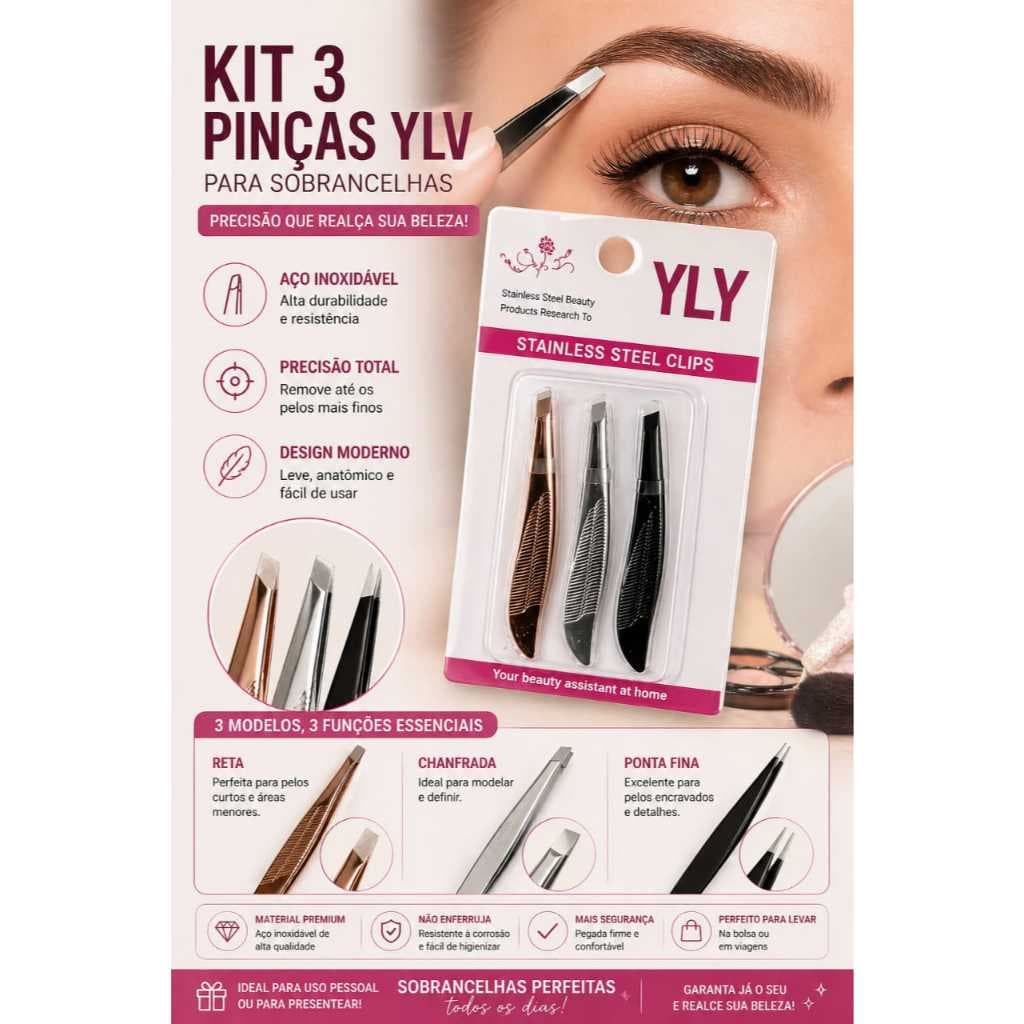 Kit 3 Pinças de Sobrancelha Profissional | Precisão + Design Perfeito + Aço Inox